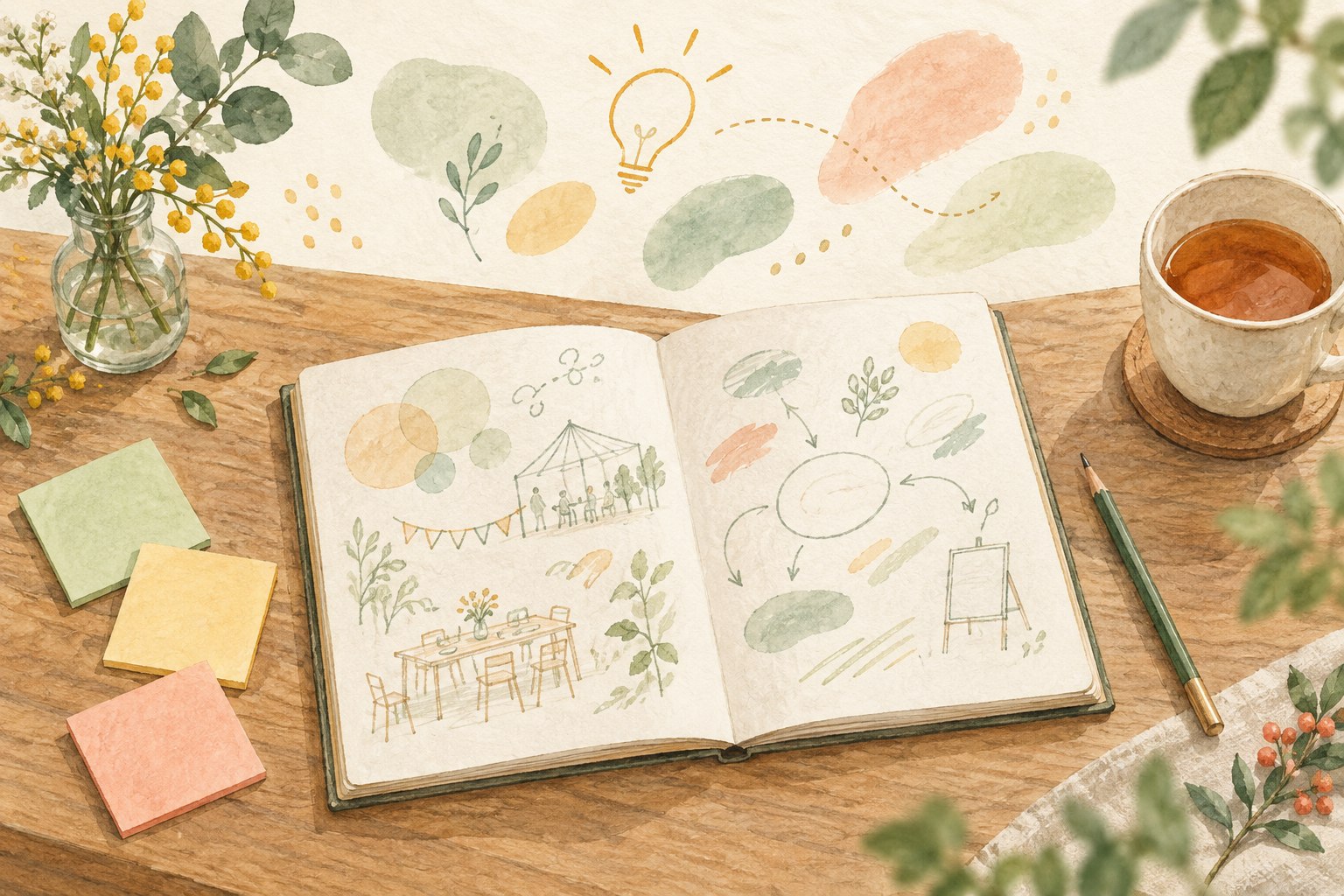 イベントのアイデアをノートにまとめる様子を描いた水彩風イラスト